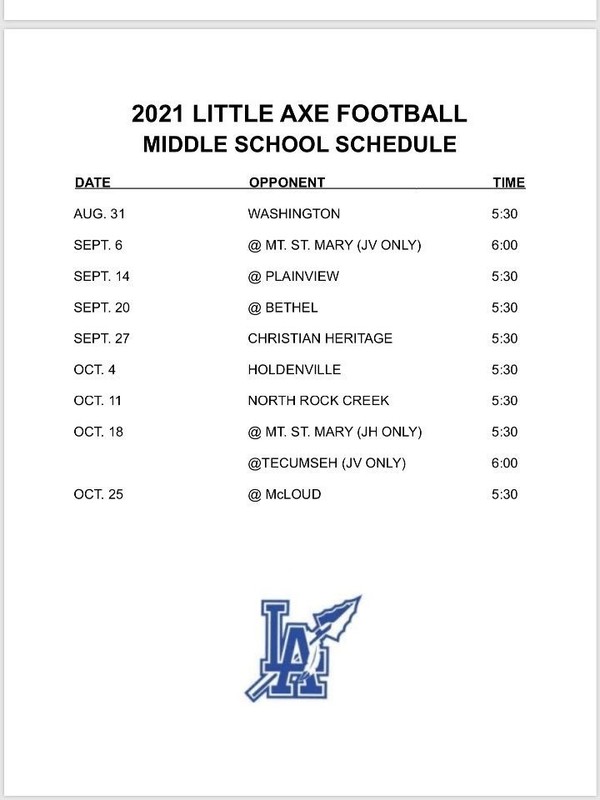 MS Football Schedule 2021 Little Axe Middle School